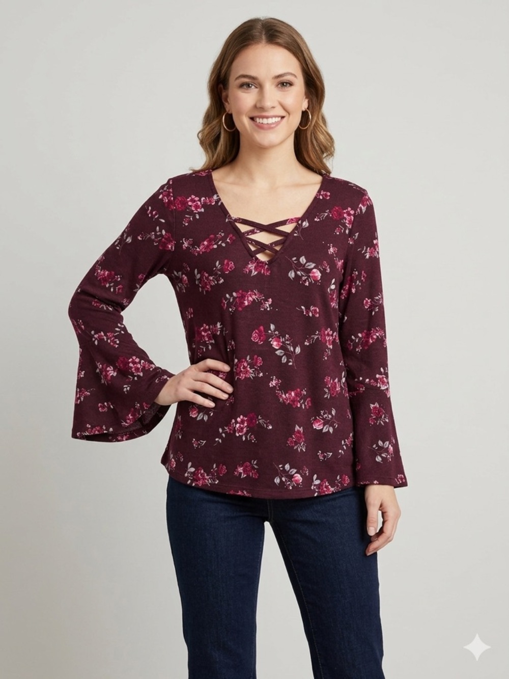 Lily Morgan Floral Crisscross V-Neck Bell Sleeve Top - Burgundy